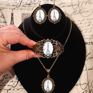 🗼Antique Bronze Eifel Tower Cameo Cabochon Jewelry Set